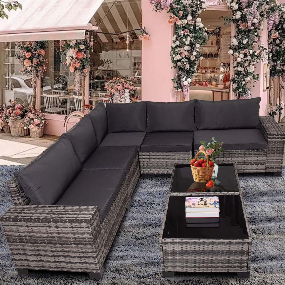 HISUKOY 7-Piece Wicker Modular All Weather Outdoor Conversation Sets with Washable Cushions and Glass Table