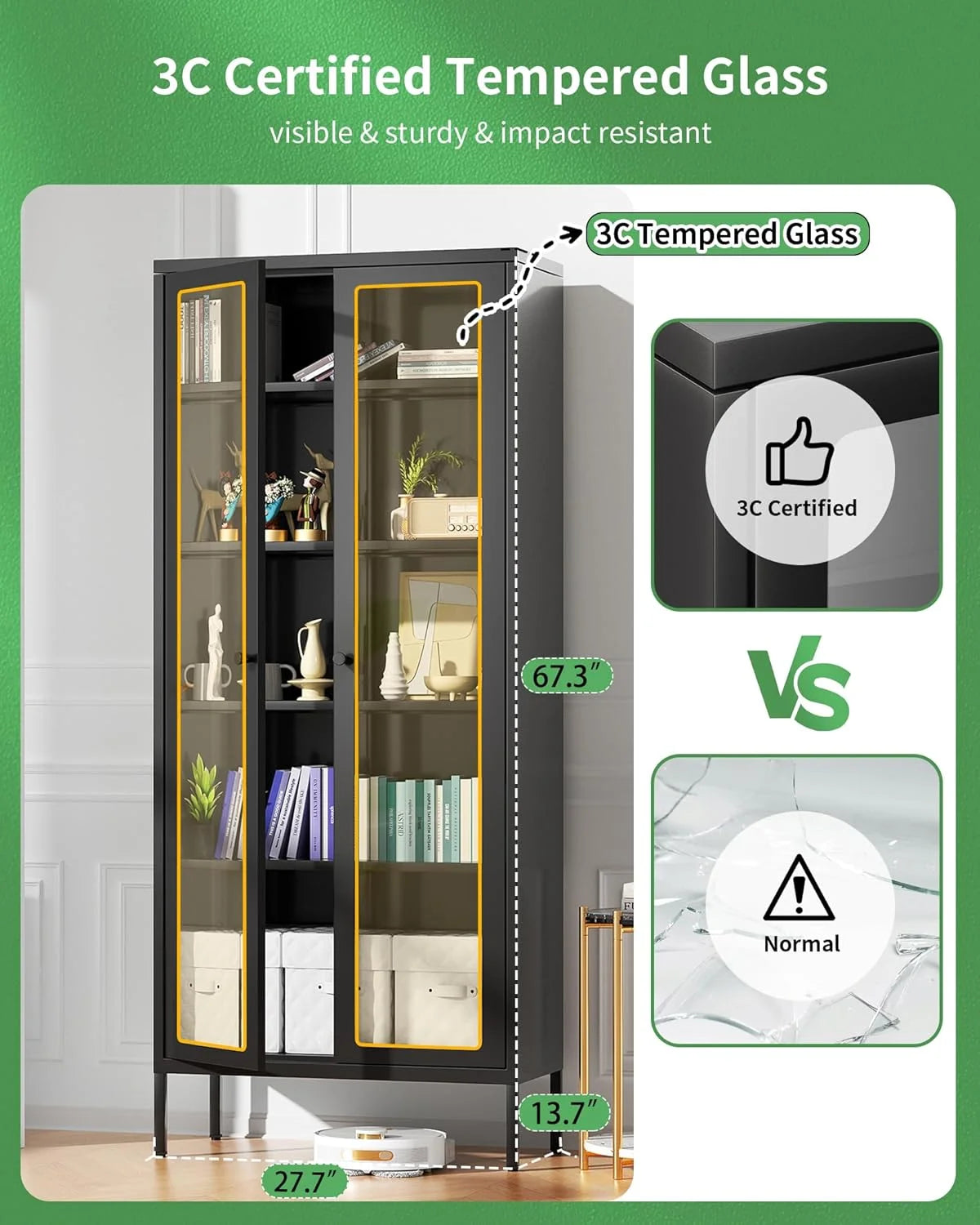 SUNCROWN Metal Storage Cabinet, Curio Display Cabinet with 2 Glass Display Door and 4 Shelves, Side Storage Organize, Modern Bookshelf Cabinet for livingroom, Bedroom, Kitchen, Black