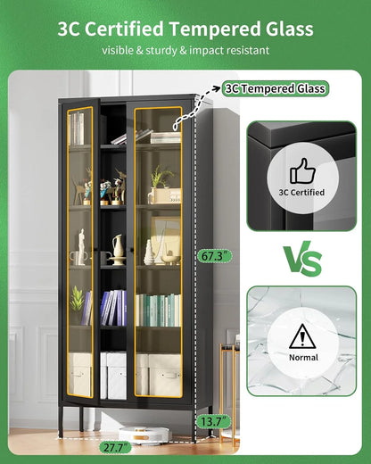 SUNCROWN Metal Storage Cabinet, Curio Display Cabinet with 2 Glass Display Door and 4 Shelves, Side Storage Organize, Modern Bookshelf Cabinet for livingroom, Bedroom, Kitchen, Black