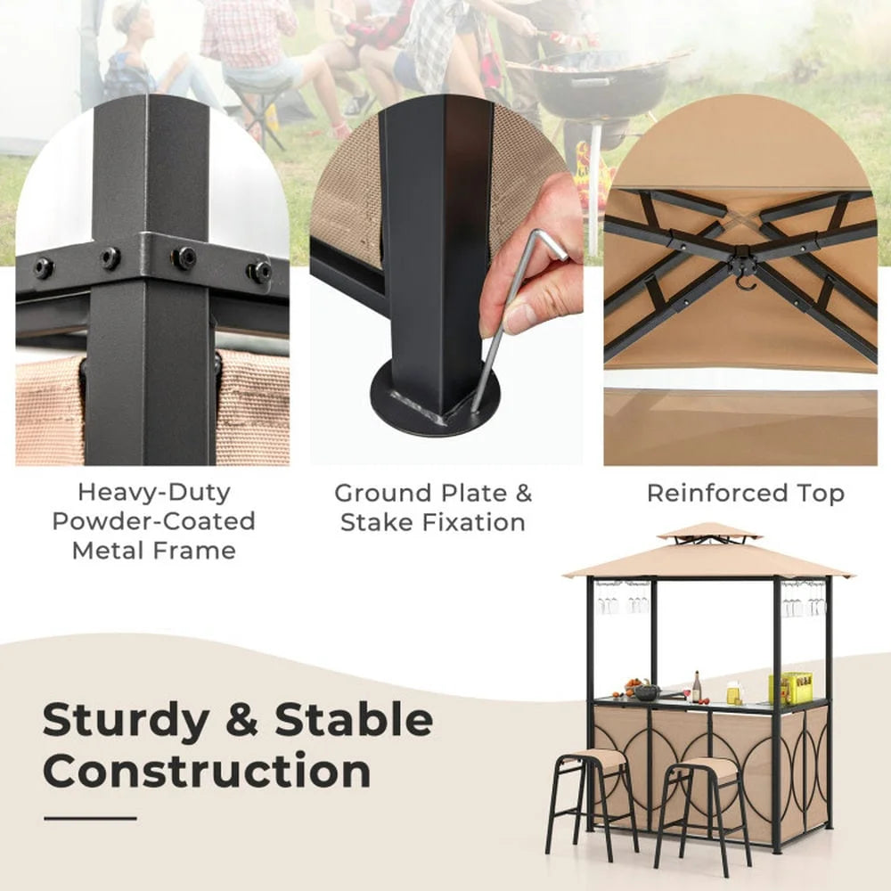 Aimee Lii 3-Piece Patio Bar Set Grill Patio Canopy & 2 Bar Stools with Tempered Glass Bar Table, Modern Patio Furniture for Outdoor Backyard Pool Deck-Brown