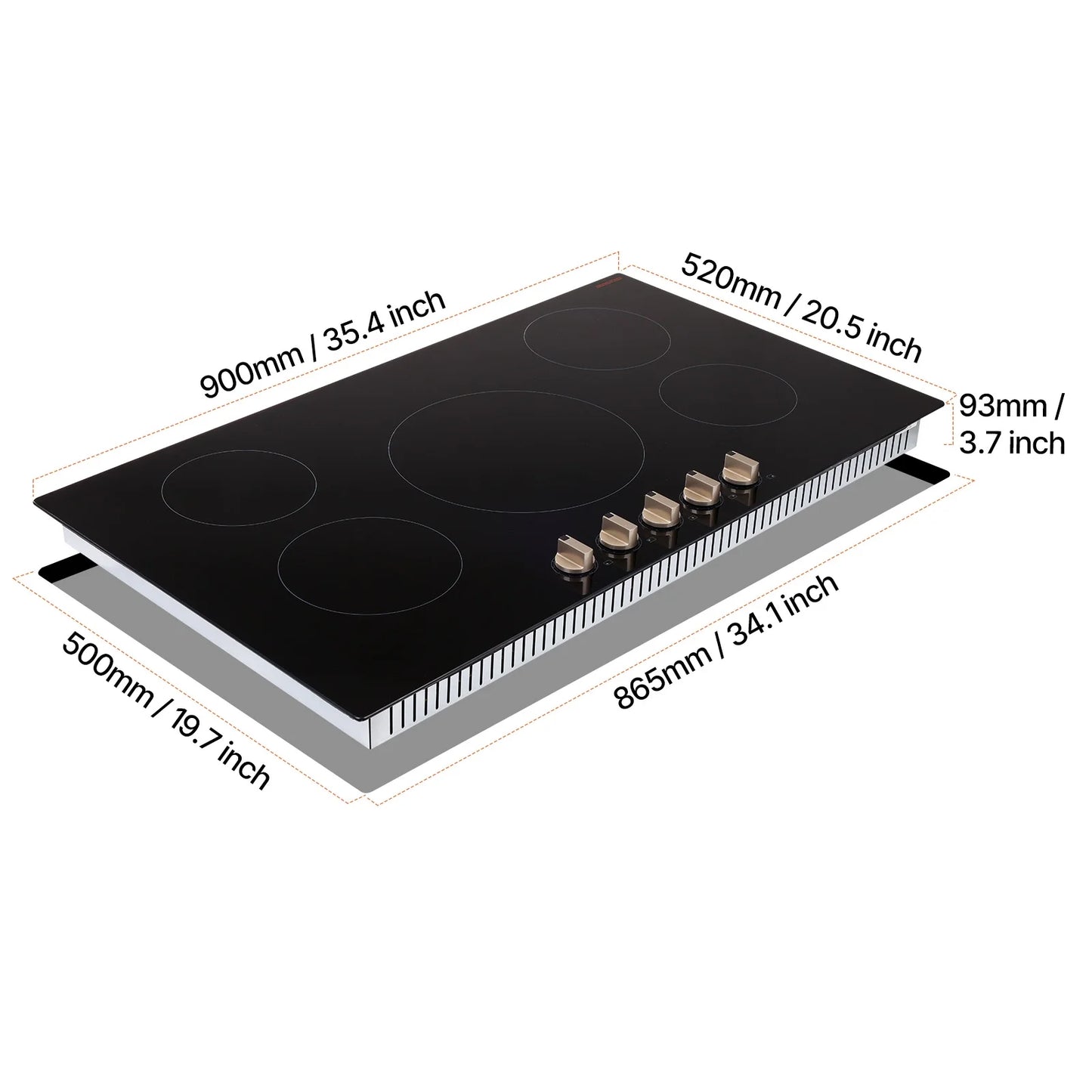 KFFKFF 5 Burner Electric Cooktop, 9200W 36" Ceramic Glass Stove Top Burner, Built In or Countertop, with Control Knobs, 12 Heat Levels, Glass Top, Automatic Power-Off for Indoor Outdoor Cooking