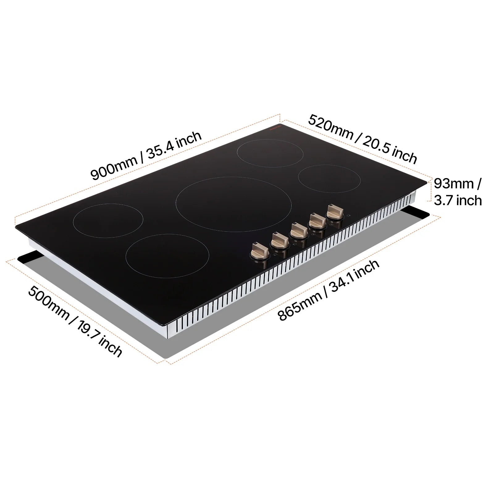 KFFKFF 5 Burner Electric Cooktop, 9200W 36" Ceramic Glass Stove Top Burner, Built In or Countertop, with Control Knobs, 12 Heat Levels, Glass Top, Automatic Power-Off for Indoor Outdoor Cooking