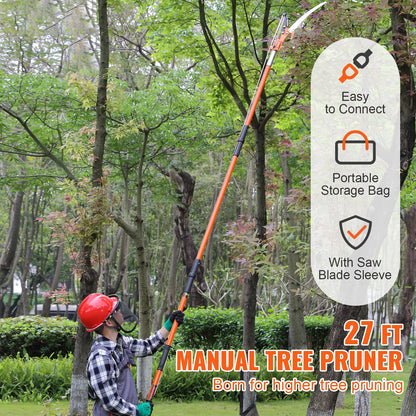 KFFKFF Manual Pole Saw Extendable Tree Pruner 7.3-27 ft Fiberglass Pole Scissors