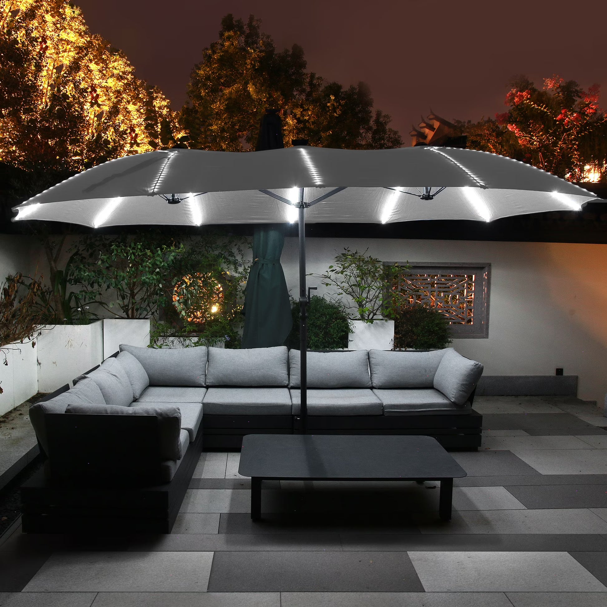 Mondawe 15ft Patio Umbrella, Large Double-Sided Solar LED Outdoor Umbrella with Fiberglass Ribs and Base for Deck Pool, Navy Blue