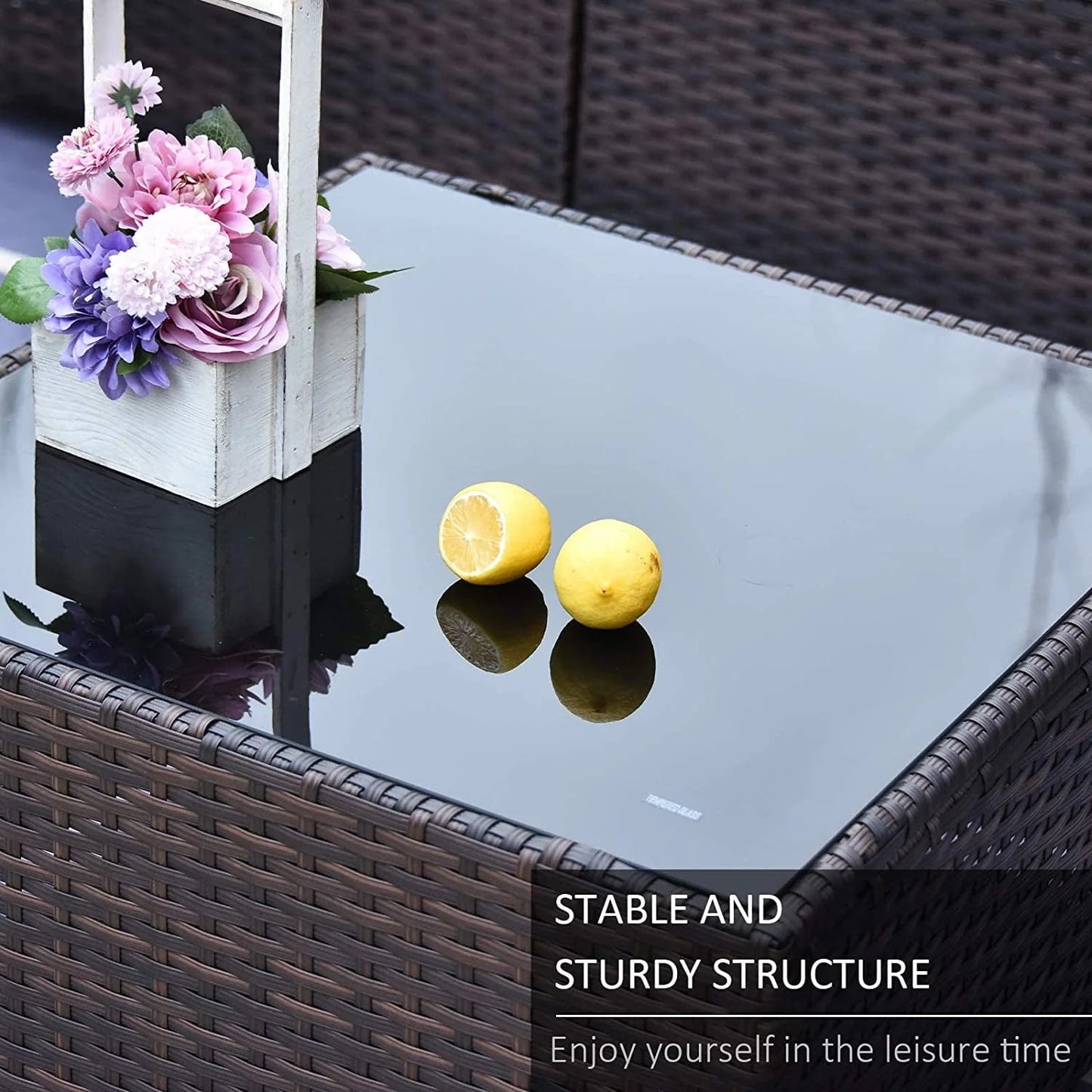 Grezone 7 Pieces Sectional Outdoor Furniture Sofa & Black-Glass Coffee Table