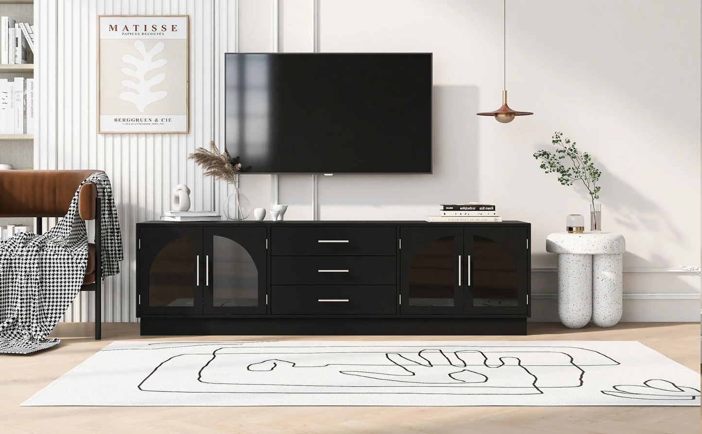 Euroco Modern TV Stand with Arched Glass Doors, Drawers & Adjustable Shelves for TVs up to 75 Inches