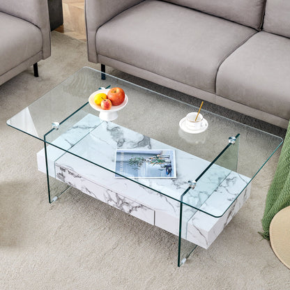 43.3 Inch Modern Two-Tier Coffee Table - Clear Tempered Glass and White Marble Texture, Multifunctional Storage Design.The bottom tier includes a drawer.Can be used as a coffee table,side table,etc.