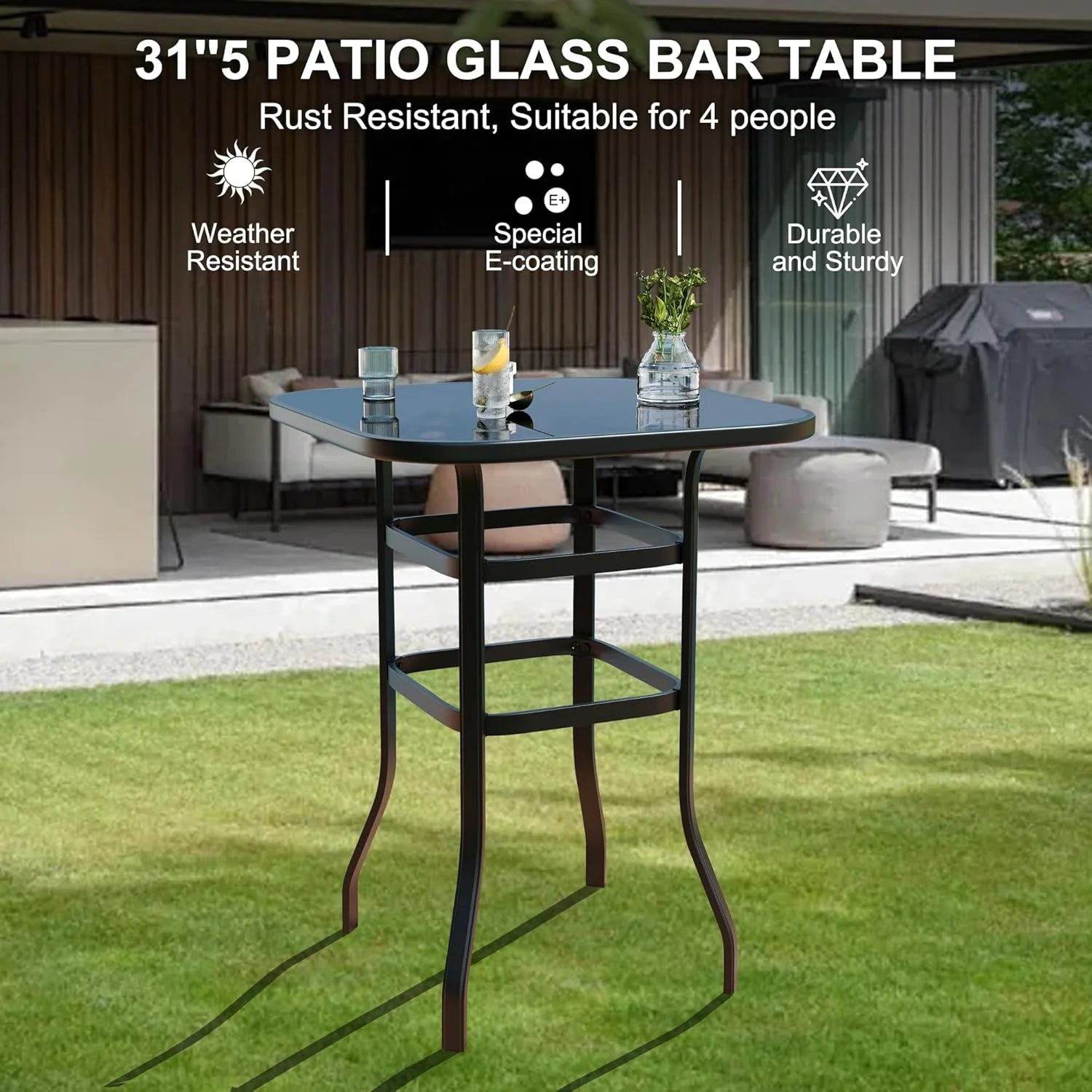 Garvee Outdoor Bar Table with Tempered Glass, Square High-Top Patio Bistro Table, Metal Frame Bar Height Table for Backyard, Poolside, Garden & Balcony