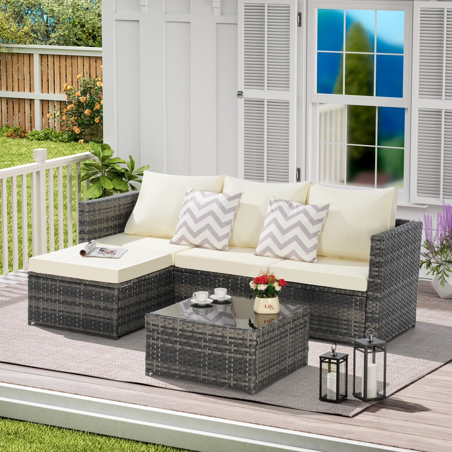 3 Pieces Patio Furniture Set,Outdoor Woven Sectional L- Shaped Sofa with Ottoman,Wicker Conversation Set with Tempered Glass Coffee Table for Backyard Poolside,Beige