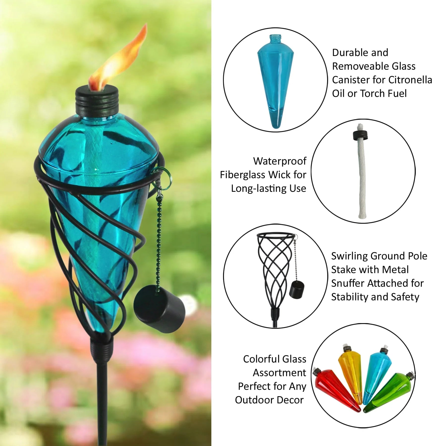 Westcharm 4 Pack 60 Inch Glass Garden Torch Light with Swirling Metal Ground Pole - Burning Citronella Torch Fuel | Outdoor Lighting for Party Patio Pathway Garden Décor - Assorted Colors