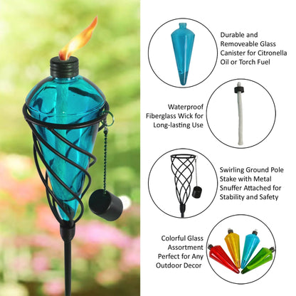 Westcharm 4 Pack 60 Inch Glass Garden Torch Light with Swirling Metal Ground Pole - Burning Citronella Torch Fuel | Outdoor Lighting for Party Patio Pathway Garden Décor - Assorted Colors
