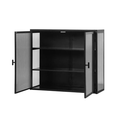 Tcbosik Metal Storage Cabinet, 2 Glass Doors Cabinet Sideboard, Curio Cabinet with Detachable Shelves, Metal Display Cabinet for Home Living Room, Hallway, Entryway, Bathroom, Kitchen, Black