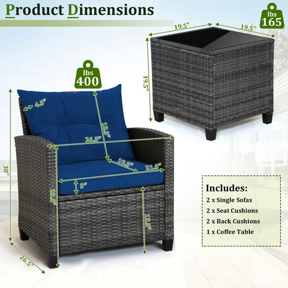 Kadyn Outdoor Seating Sets,Garden Conversation Sets,3 Pieces Outdoor Wicker Conversation Set with Tempered Glass Tabletop-Navy