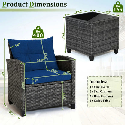 Kadyn Outdoor Seating Sets,Garden Conversation Sets,3 Pieces Outdoor Wicker Conversation Set with Tempered Glass Tabletop-Navy