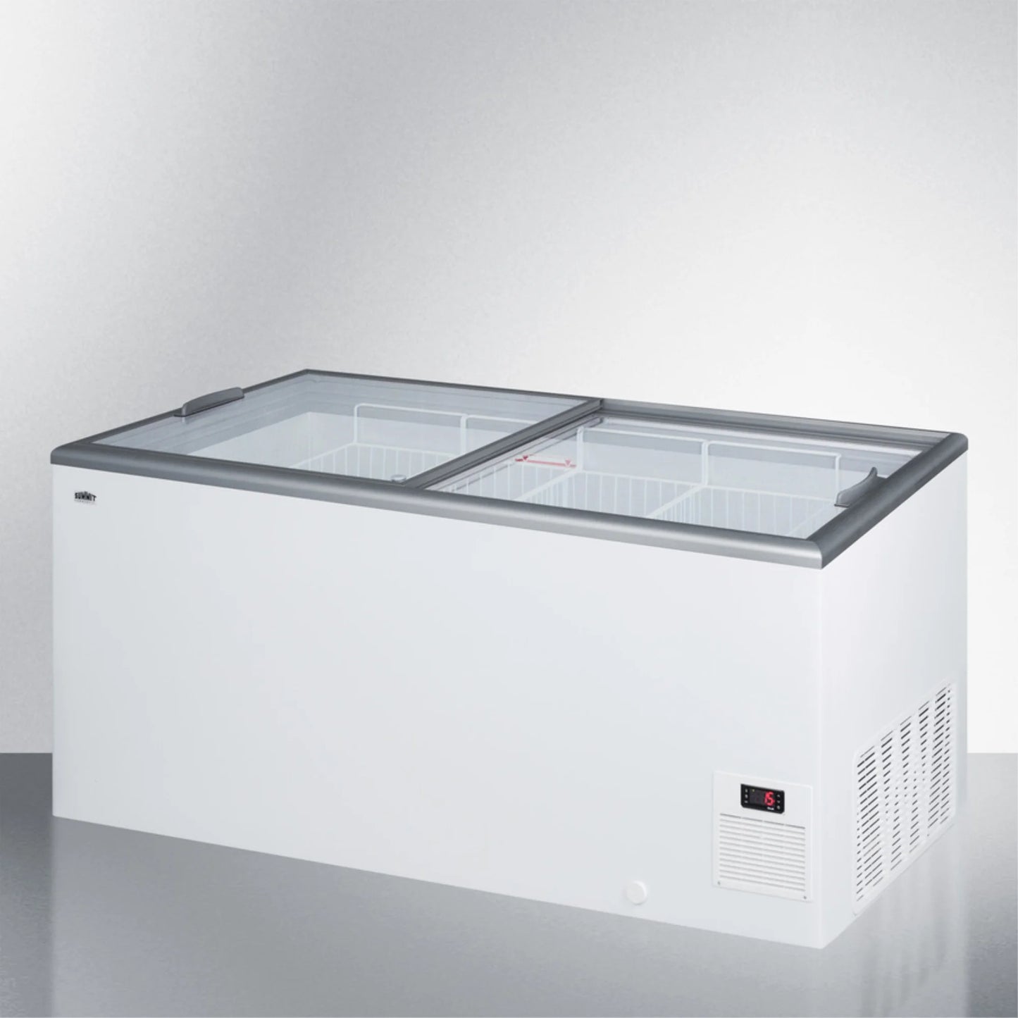 Flat top commercial ice cream freezer with sliding glass lid, digital thermostat, novelty baskets, and 16.6 cu.ft. capacity