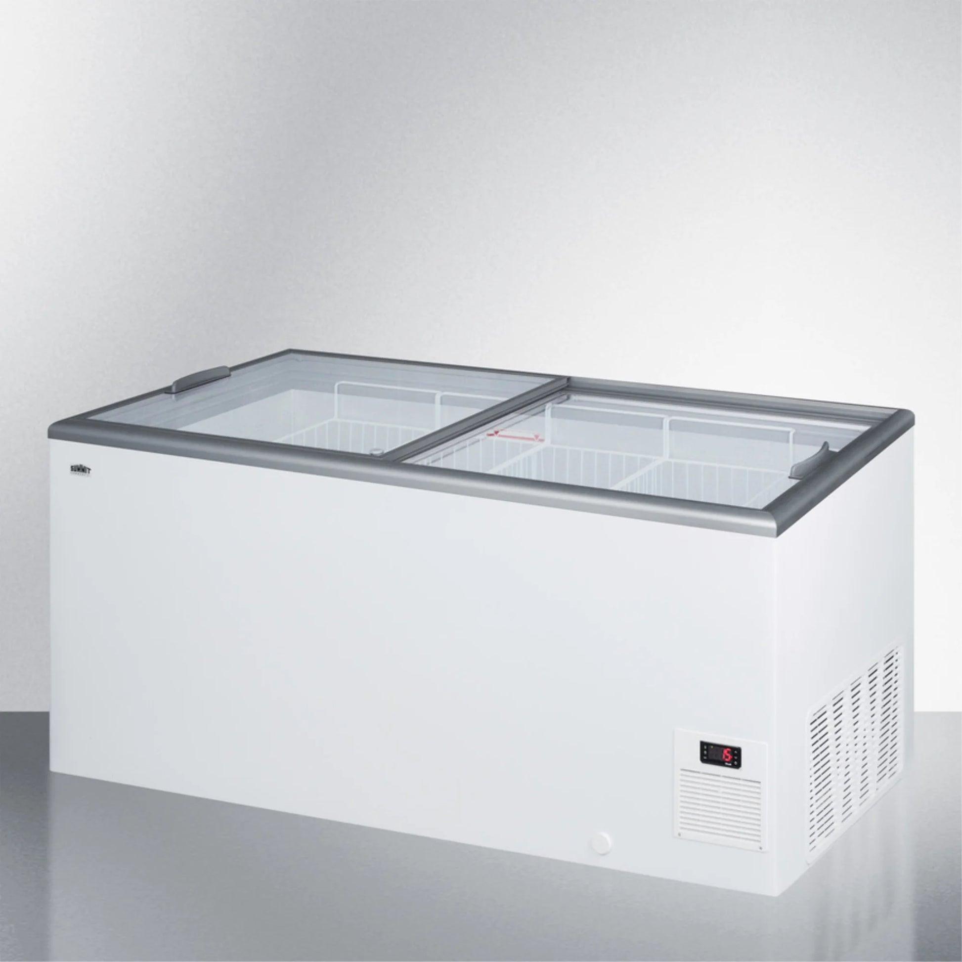 Flat top commercial ice cream freezer with sliding glass lid, digital thermostat, novelty baskets, and 16.6 cu.ft. capacity