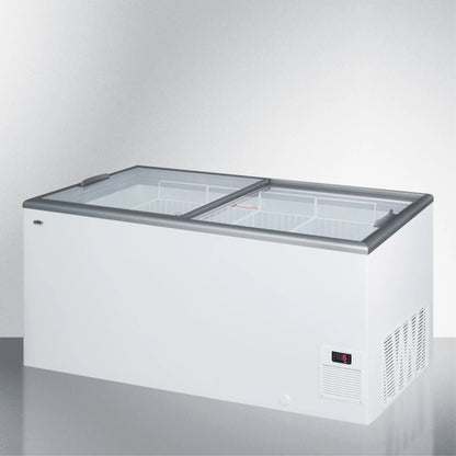 Flat top commercial ice cream freezer with sliding glass lid, digital thermostat, novelty baskets, and 16.6 cu.ft. capacity