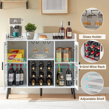 Wine Bar Cabinet with LED Light, Coffee Bar Cabinet with Storage and Outlet, Kitchen Buffet Sideboard with Wine Rack and Glass Holder, Modern Liquor Cabinets for Home Dining Room, White