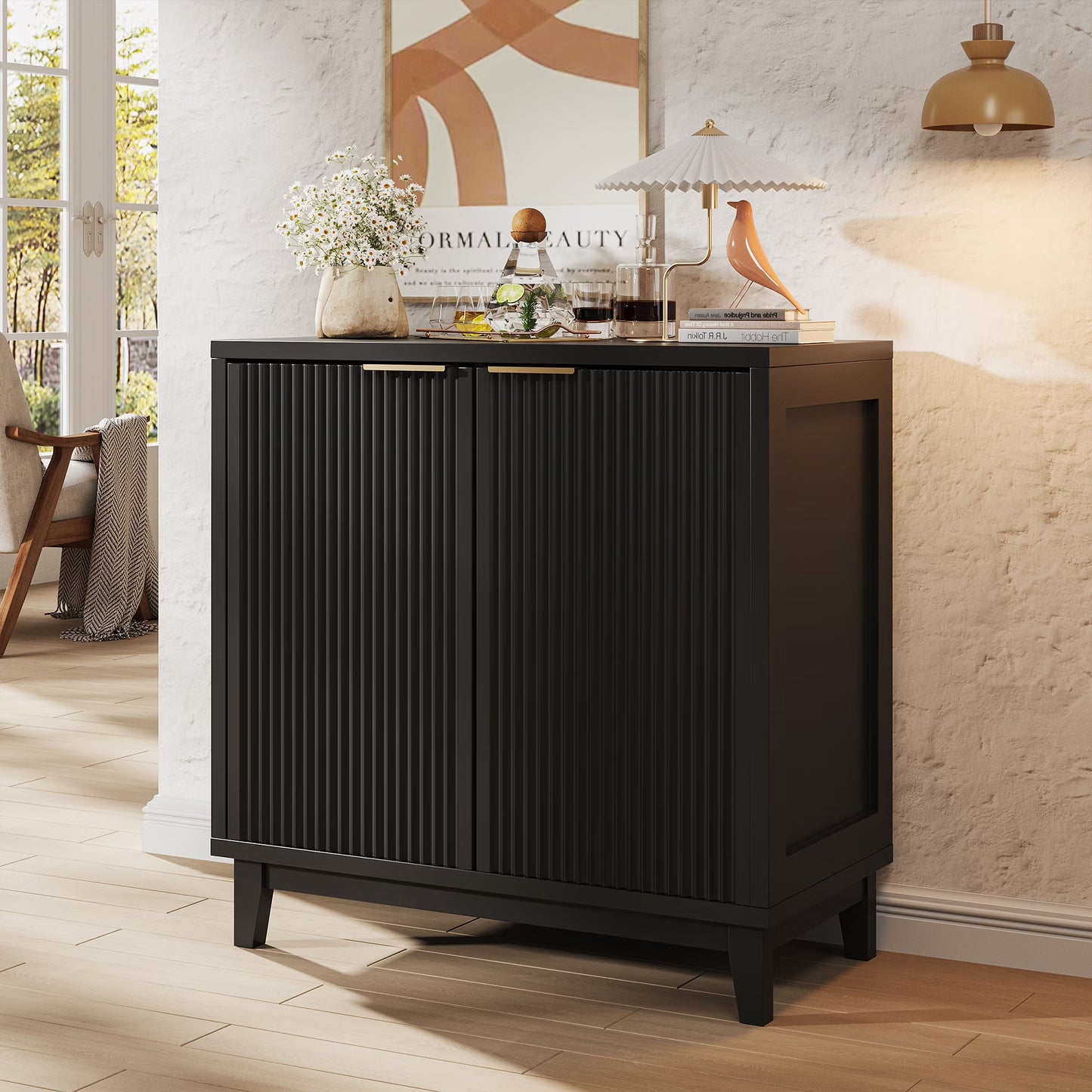 VEANERWOOD Wine Bar Cabinet with 2 Door Fluted Texture, Kitchen Sideboard Buffet with Wine Rack& Glass Holder for Living Room