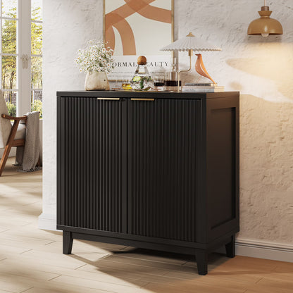 VEANERWOOD Wine Bar Cabinet with 2 Door Fluted Texture, Kitchen Sideboard Buffet with Wine Rack& Glass Holder for Living Room