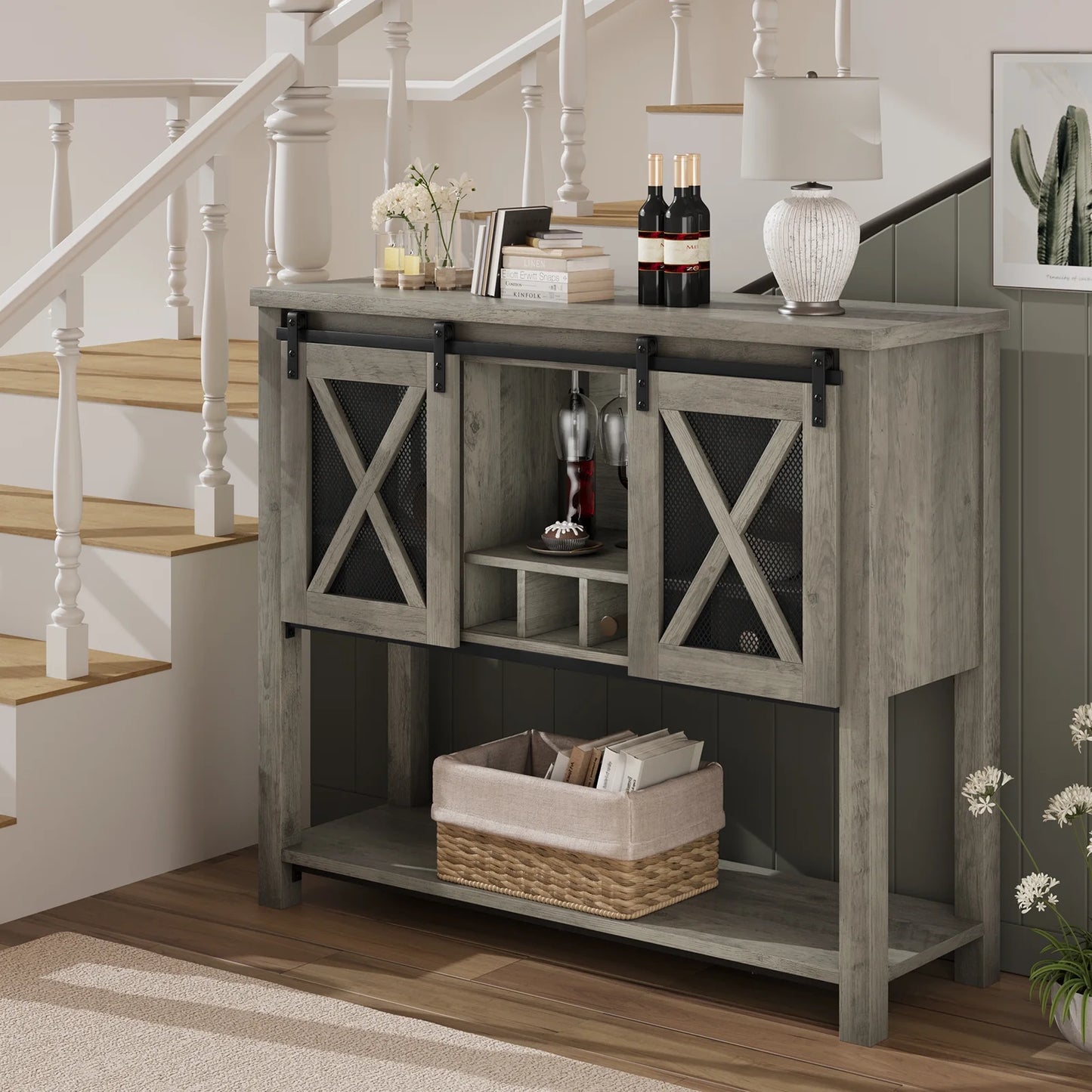 WhizMax Buffet Storage Cabinet, Wine Cabinet Coffee Bar Table with Wine Glass Rack, Farmhouse Wood Buffets and Sideboards with Storage and Barn Mesh Door for Kitchen, Dinning, Living Room