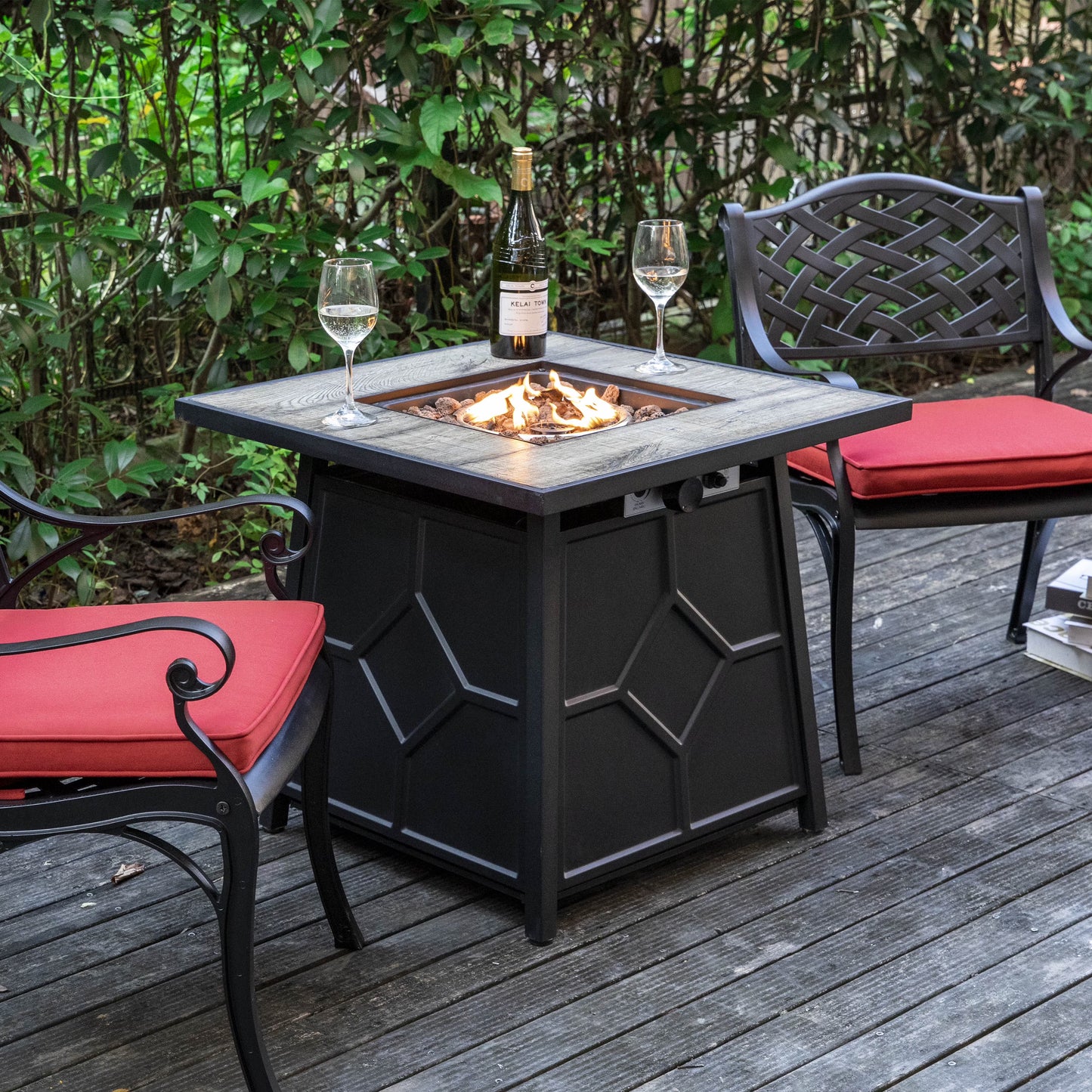 Nuu Garden Square 30" Outdoor Propane Fire Pit Table, 50,000 BTU Gas Fire Pit with Lid, Hand-Woven Wicker, with Glass Beads and CSA Certification
