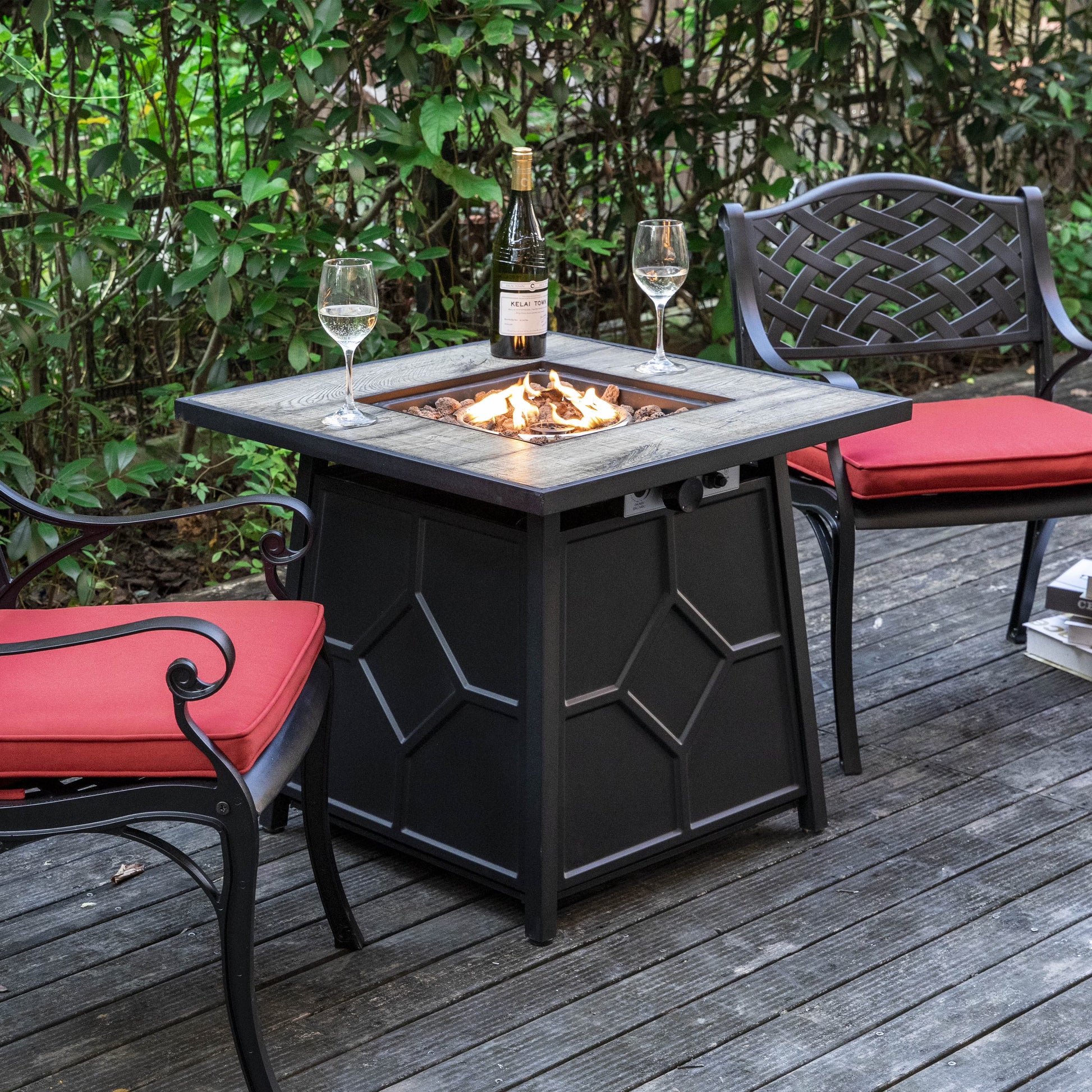 Nuu Garden Square 30" Outdoor Propane Fire Pit Table, 50,000 BTU Gas Fire Pit with Lid, Hand-Woven Wicker, with Glass Beads and CSA Certification