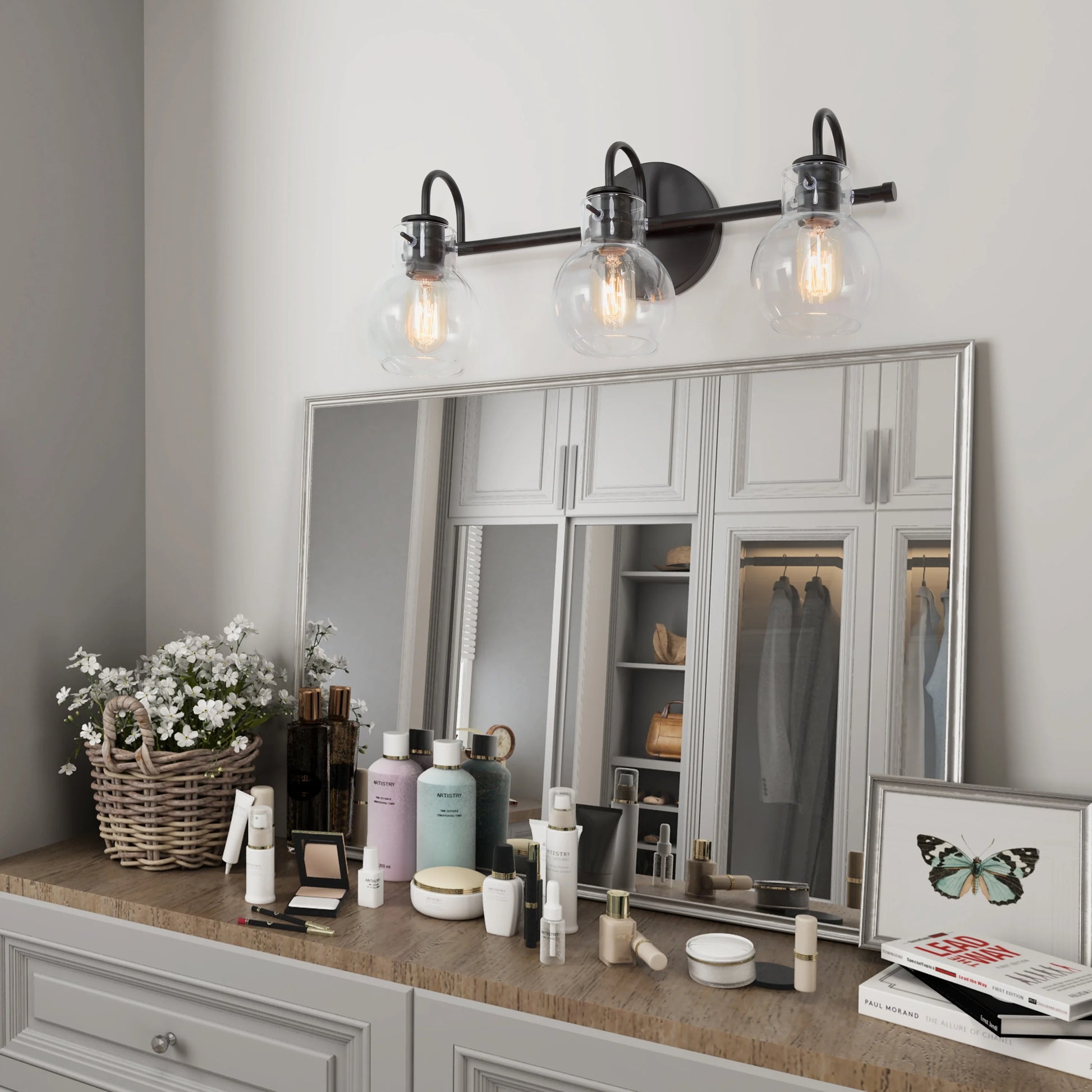 Carson Carrington Modern Gold 3-Light Bathroom Vanity Light Glass Wall Sconce 3-Light, Black 3-Light/L22"xW7"xH9" Black 13 to 24 Inches 4 to 8 Inches