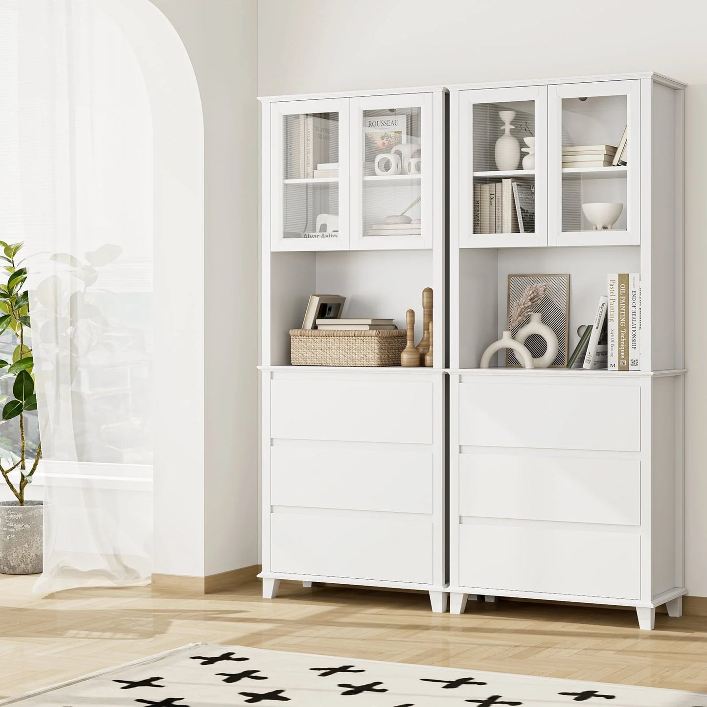 Homfa 3-Drawer Kitchen Storage Cabinet, 76.6'' Tall Cabinet with Clear Glass Door for Bathroom, White