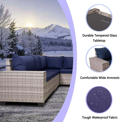 HISUKOY 7-Piece Wicker Modular All Weather Outdoor Conversation Sets with Washable Cushions and Glass Table