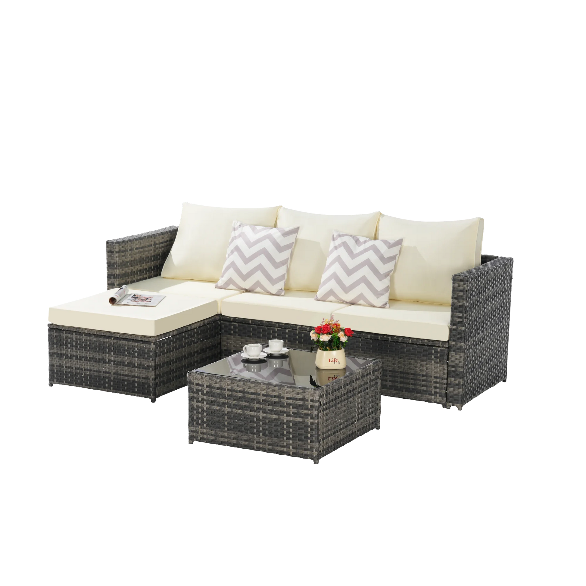 3 Pieces Patio Furniture Set,Outdoor Woven Sectional L- Shaped Sofa with Ottoman,Wicker Conversation Set with Tempered Glass Coffee Table for Backyard Poolside,Beige