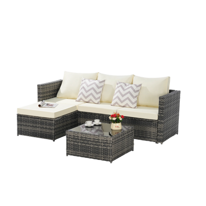 3 Pieces Patio Furniture Set,Outdoor Woven Sectional L- Shaped Sofa with Ottoman,Wicker Conversation Set with Tempered Glass Coffee Table for Backyard Poolside,Beige