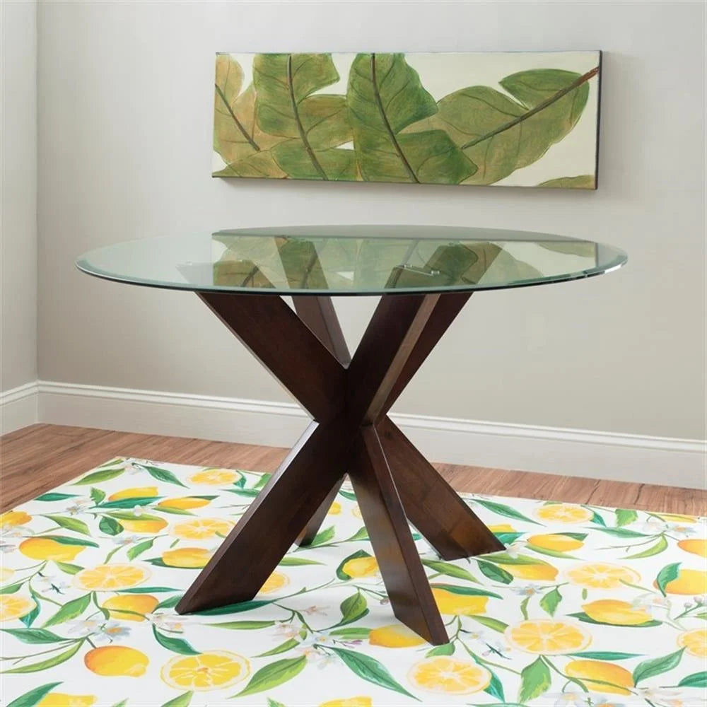 Linon Hale X Base Wood Dining Table With Glass in Natural Brown