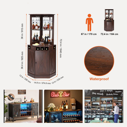 BENTISM Industrial Bar Cabinet with Glass Holder, MDF Board Brown