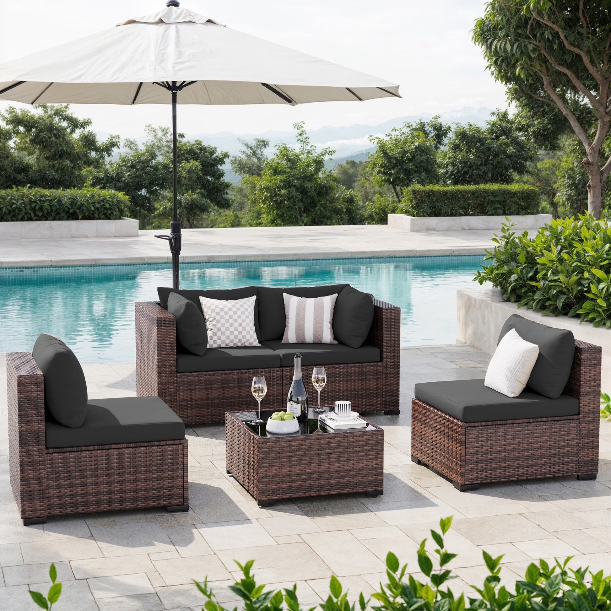 MRUAKA 8 Pieces Patio Furniture Set with Fire Pit Table, Outdoor Furniture Sectional Rattan Sofa with Slanted Back, Patio Couch with Glass Coffee Table for Backyard Garden (Navy)