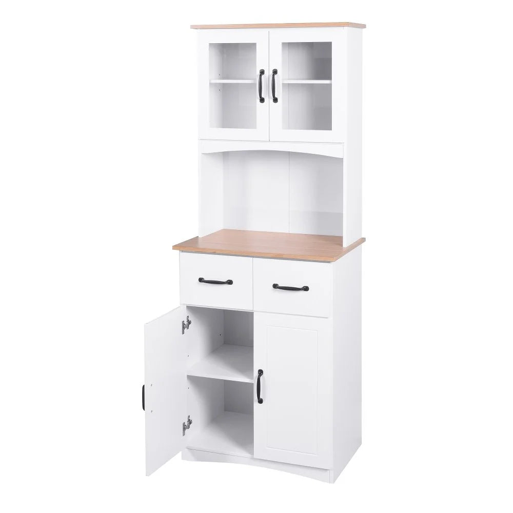 GZXS 67" Modern Buffet with Hutch, Kitchen Pantry Microwave Cabinet with Framed Glass Doors and 2 Drawers, White