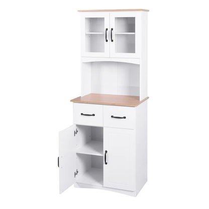 GZXS 67" Modern Buffet with Hutch, Kitchen Pantry Microwave Cabinet with Framed Glass Doors and 2 Drawers, White
