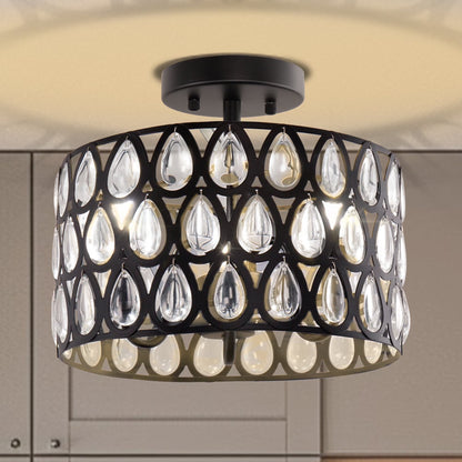 LOHASLED Industrial Semi Flush Mount Ceiling Light with Clear Hammered Glass,Black ,Modern Lighting for Hallway, Porch, Kitchen, Bathroom, Bedroom