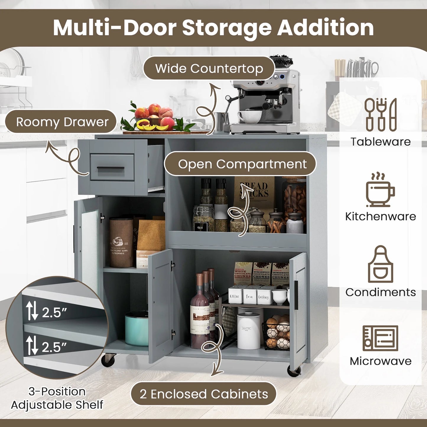 Gymax Kitchen Island Cart on Wheels Microwave Cabinet w/Frosted Tempered Glass Door