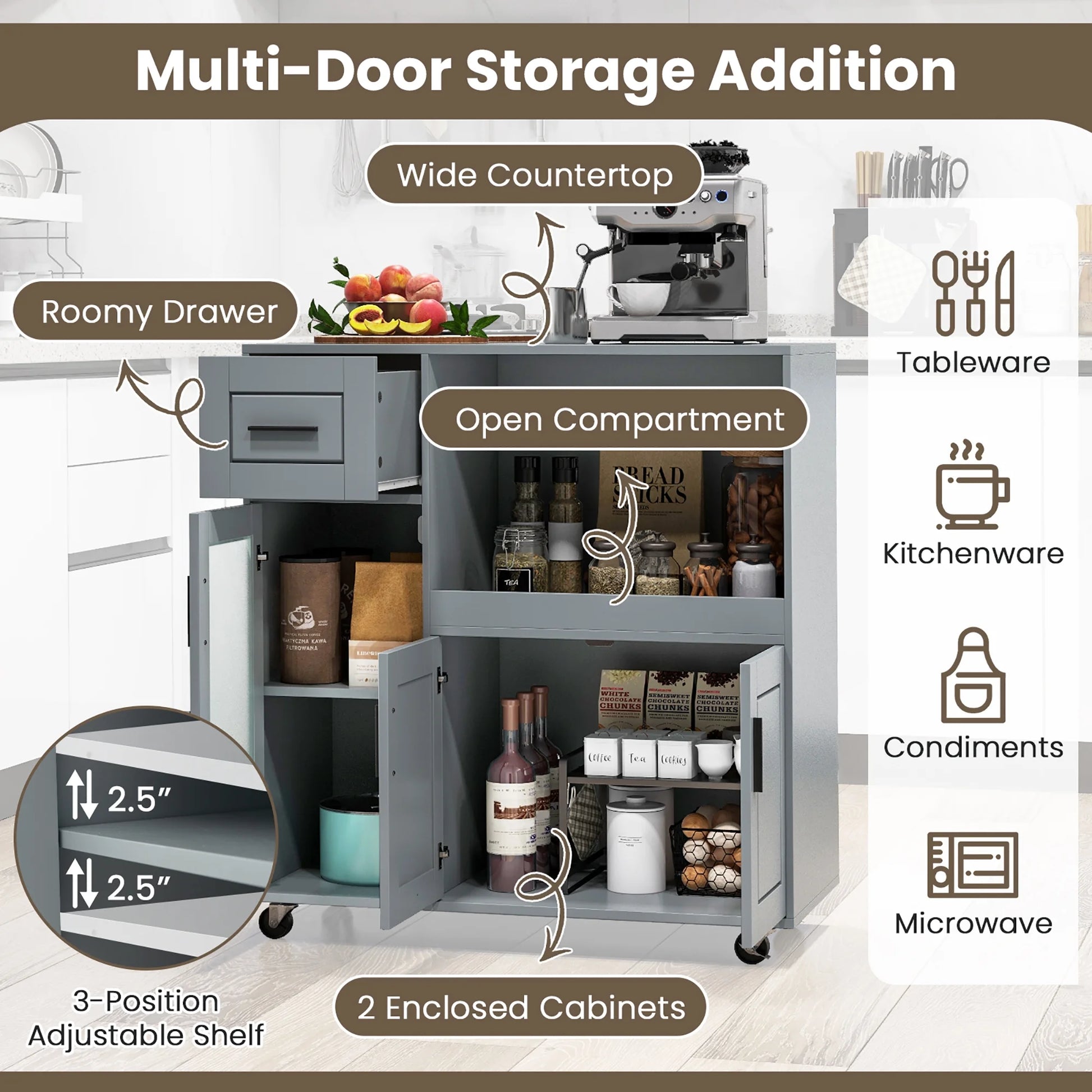 Gymax Kitchen Island Cart on Wheels Microwave Cabinet w/Frosted Tempered Glass Door