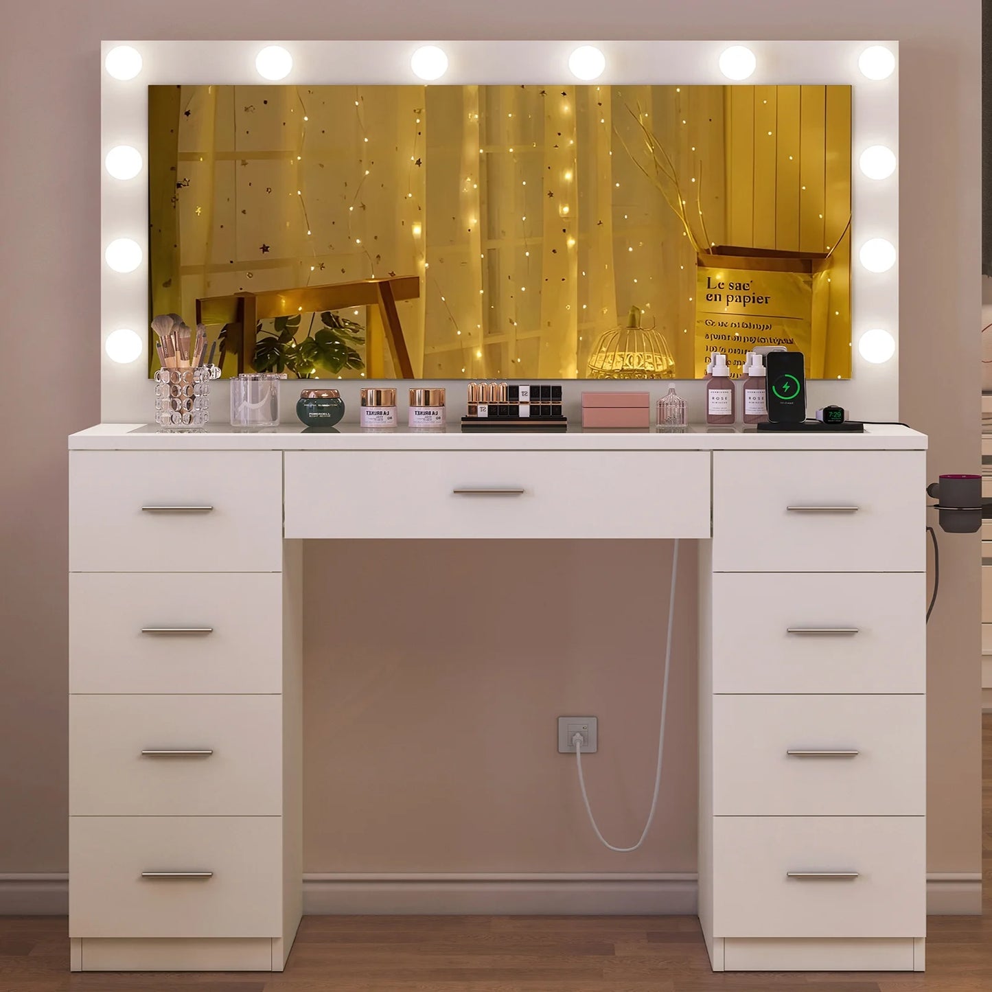 TEENFON 46" Vanity Desk with Large Lighted Mirror and Power Outlet, Makeup Vanity with 9 Drawers and Glass Desktop, Vanity Table for Bedroom, White