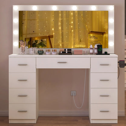 TEENFON 46" Vanity Desk with Large Lighted Mirror and Power Outlet, Makeup Vanity with 9 Drawers and Glass Desktop, Vanity Table for Bedroom, White