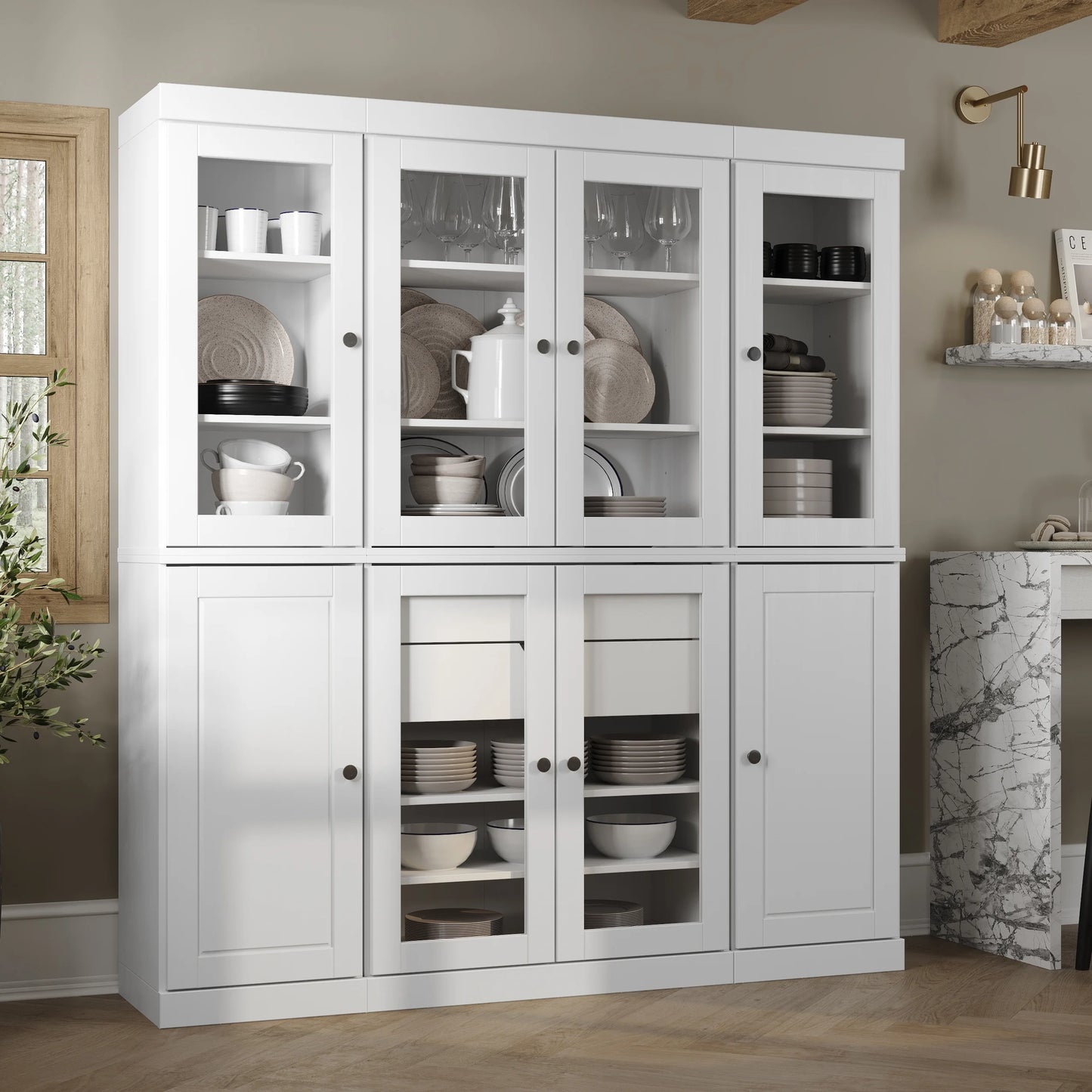 Palace Imports 100% Solid Wood Kitchen Pantry Storage Cabinet with Solid, Glass Doors, Adjustable Shelves and 2-Drawers, White