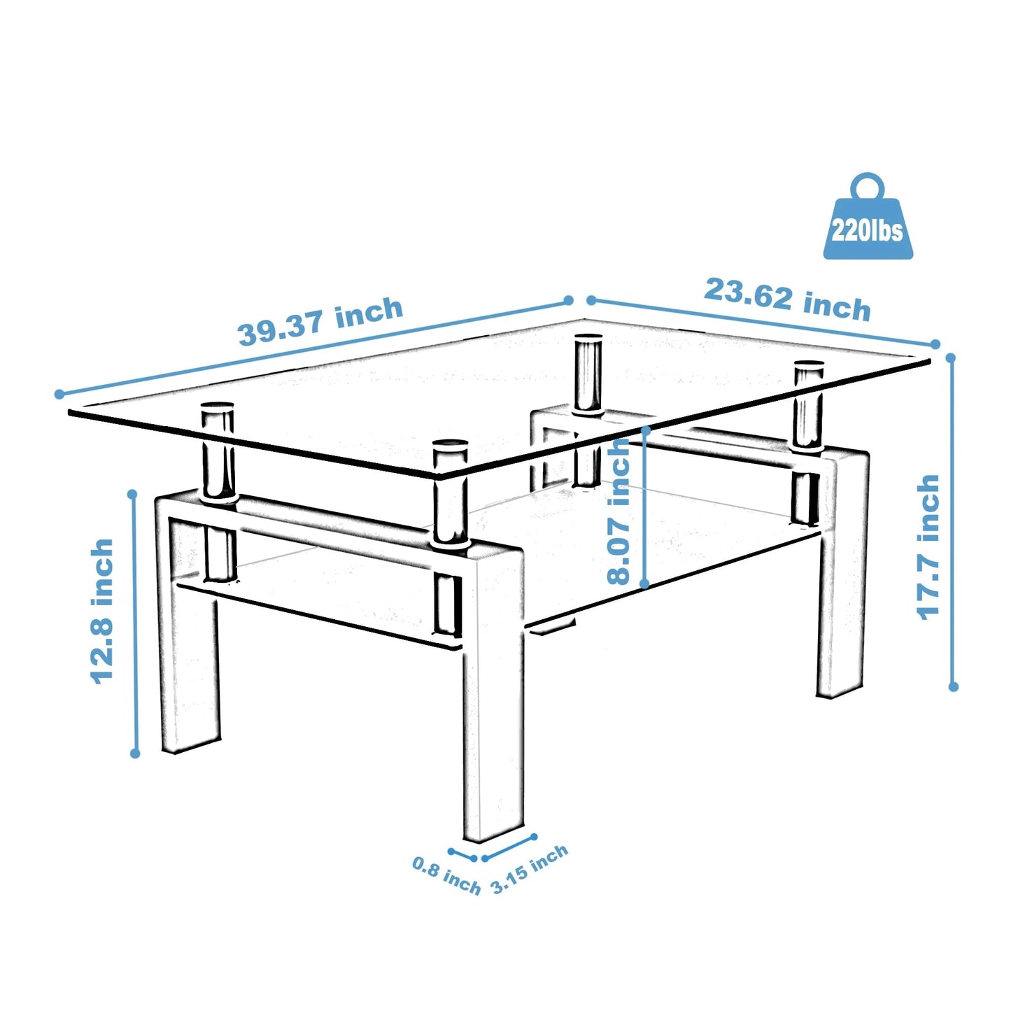 Tansole Coffee Table Glass Top Rectangular End Table Black Metal Legs for Modern Living Room