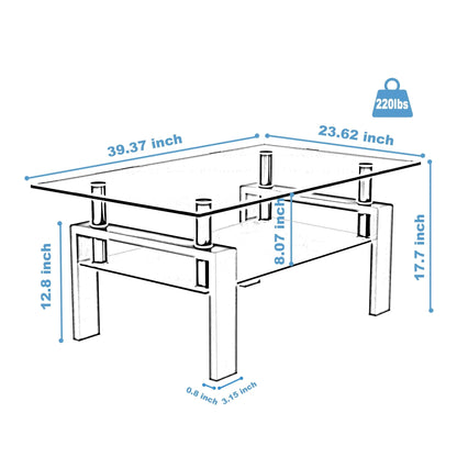Tansole Coffee Table Glass Top Rectangular End Table Black Metal Legs for Modern Living Room