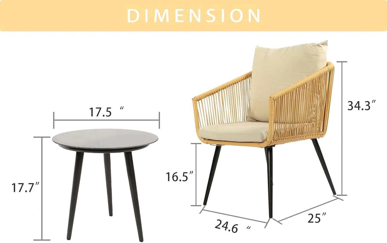 Esmlada 3 Piece Patio Bistro Set, Outdoor All-Weather Conversation Bistro Set w/2 Wide Ergonomic Chairs, Cushions& Glass Top Table for Porch, Backyard, Balcony, Garden (Yellow-Beige)