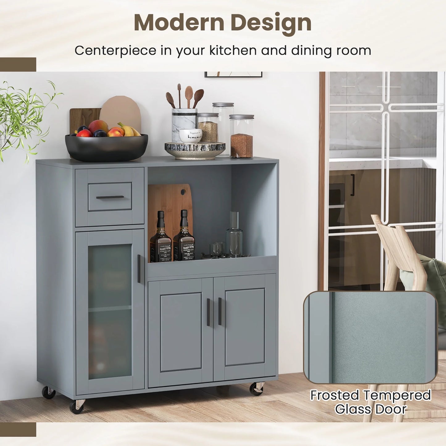 Gymax Kitchen Island Cart on Wheels Microwave Cabinet w/Frosted Tempered Glass Door