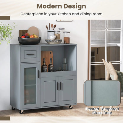 Gymax Kitchen Island Cart on Wheels Microwave Cabinet w/Frosted Tempered Glass Door