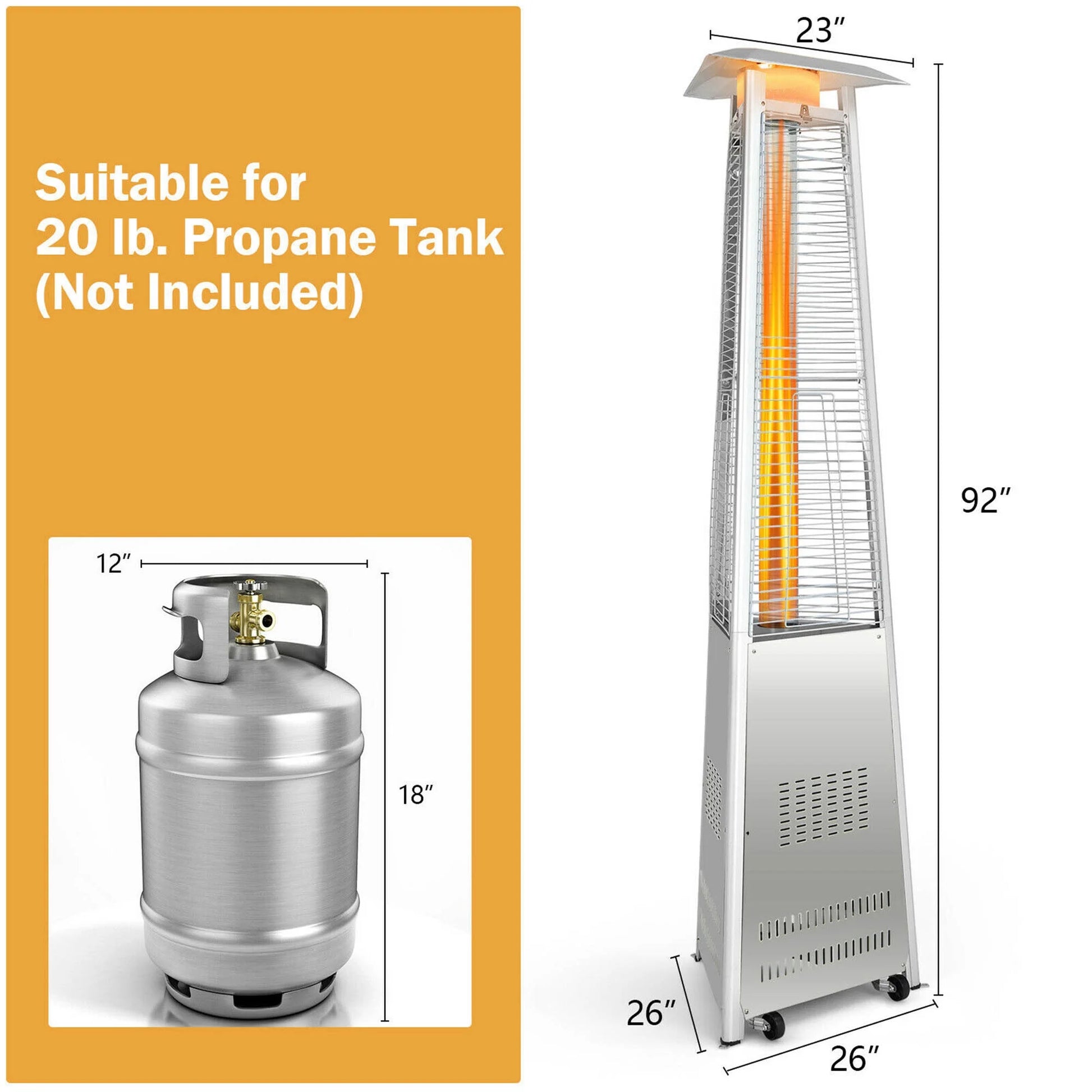 Gymax 42,000 BTU Stainless Steel Pyramid Patio Heater Glass Tube Flame W/Wheels