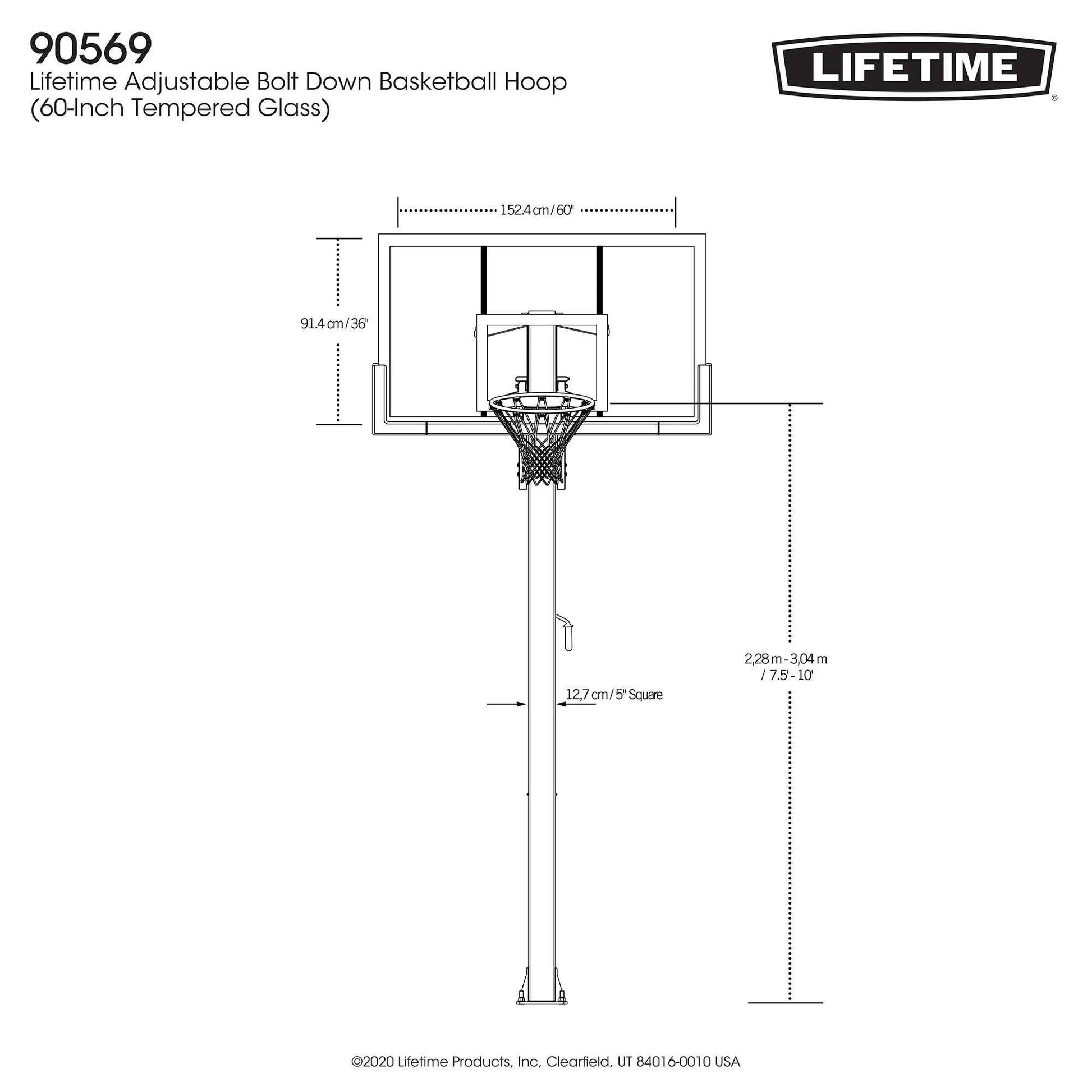Lifetime 7.5ft. - 10ft. Adjustable Height 60° Tempered Glass Bolt-Down Basketball System (90569)